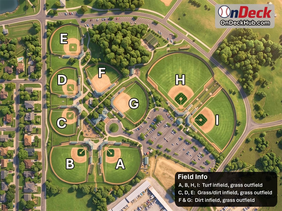 Field map of Oak Grove Baseball Complex in Grapevine