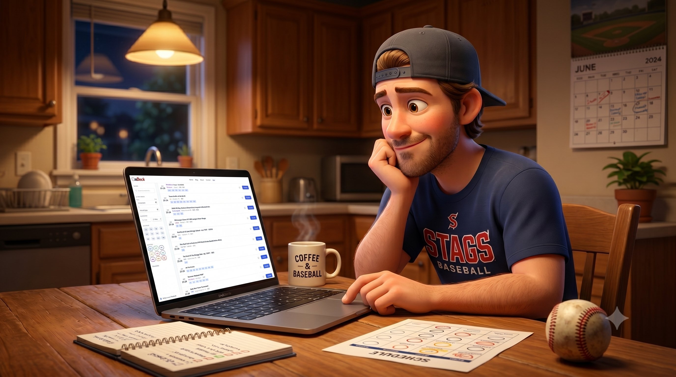 A dad at his kitchen table comparing youth baseball tournaments on his laptop