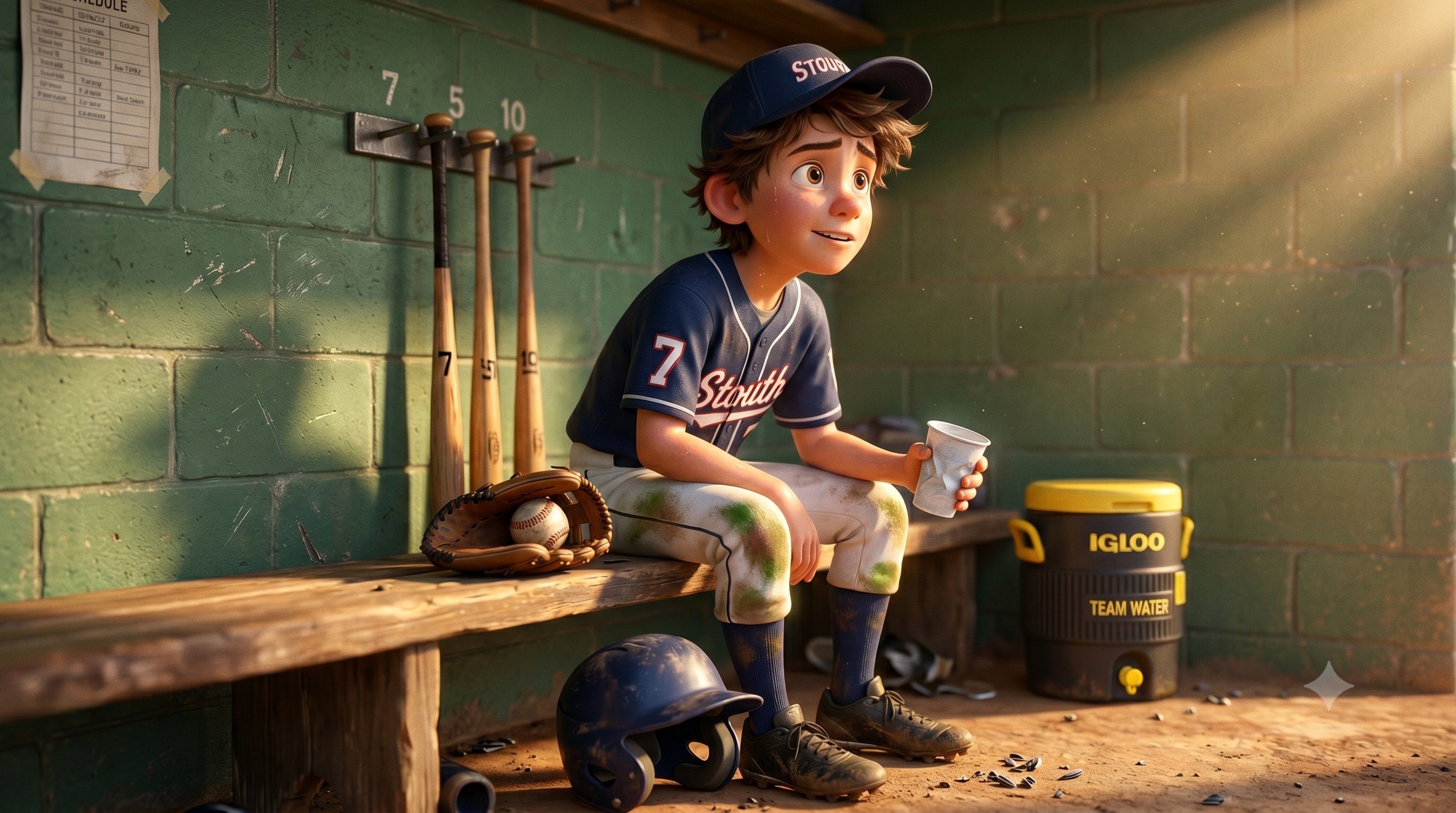 A young baseball player sitting in the dugout, waiting for his turn at bat